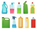 Detergent bottles. Cleaning supplies products, bleach bottle and plastic detergents containers cartoon vector Royalty Free Stock Photo