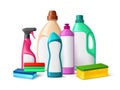 Detergent bottles composition. Realistic domestic chemical cleaning products group, plastic color packaging, laundry and