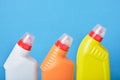 Detergent bottles,detergents for toilet and plumbing on a blue background