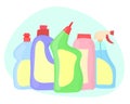 Detergent bottles household chemicals Vector set isolated. Colorful bottles of various shapes