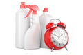 Detergent, cleaning products with alarm clock, 3D rendering Royalty Free Stock Photo