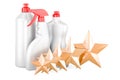 Detergent, cleaning products with five golden stars. Customer rating, 3D rendering