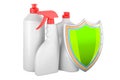 Detergent, cleaning products with shield. 3D rendering