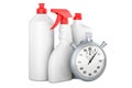 Detergent, cleaning products with stopwatch, 3D rendering