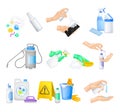 Detergent and Disinfectant in Dispenser Bottle and Hand Using It Vector Set