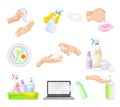 Detergent and Disinfectant in Dispenser Bottle and Hand Using It Vector Set