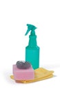 Detergent spray bottle, scrubber, sponge pad and napkin cloth on white background Royalty Free Stock Photo