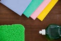 Detergent spray bottle and various cleaning pad Royalty Free Stock Photo