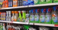 Detergent sprays displayed on s supermarket or superstore shelf.