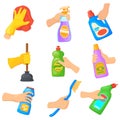 Detergent tools in hands. Hand hold cleaning products, cartoon disinfect spray clean surface house, wipe dust cloth Royalty Free Stock Photo