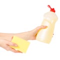 Detergent for utensils and yellow sponge in hand