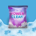 Detergent vector design on bag package template with realistic foam on background