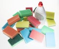 detergent for washing dishes, sponges for dishes, white background Royalty Free Stock Photo