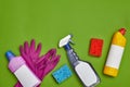 Detergents and cleaning accessories on a green background. Housekeeping concept.