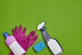 Detergents and cleaning accessories on a green background. Housekeeping concept.