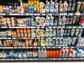 Detergents and cleaning products for the home are on the shelves in the supermarket