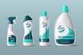 Detergents design. Realistic cleaning products. Different shapes of plastic packaging with branded labels. Washing