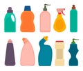 Detergent products bottles. House cleaning plastic packing set Royalty Free Stock Photo