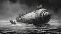 Deteriorated Submarine: Detailed Black And White Oil Painting