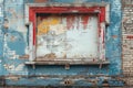 A deteriorating building with a shattered window, showing signs of neglect and disrepair, mockup