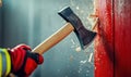 With determination, a firefighter powerfully chops down a red door using an axe for rescue. Royalty Free Stock Photo