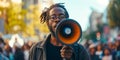 Determined African American Activist Passionately Speaking Through A Megaphone Amidst Protest, Copy Space