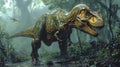 A determined allosaurus stalks through the wet underbrush undeterred by the lingering rain as it searches for its next Royalty Free Stock Photo