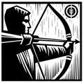 A determined archer takes aim with a bow and arrow. Archery Precision and Skill. An illustration of archery skill, suitable for Royalty Free Stock Photo