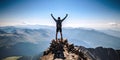 Determined Athlete\'s Victory Pose on Mountain Summit - Triumph Over Nature - Majestic Alpine View - Athletic Achievement