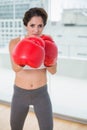 Determined brunette boxing and looking at camera