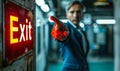 Determined businessman pointing towards an exit sign in a corridor, symbolizing decision-making, direction, departure, and Royalty Free Stock Photo