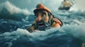 The determined captain leading his crew through a treacherous sea his face showing signs of exhaustion and mental strain