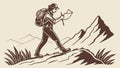 Determined Hiker Navigating Mountain Path with Map, vector design Generative AI Royalty Free Stock Photo
