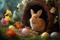 Determined Little Easter rabbit on eggs hunting. Generate ai
