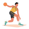 Determined Male Basketball Player Sprints Down The Court, Dribbling The Ball With Precision, Vector Illustration