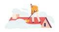 Determined Male Character Meticulously Clearing Snow Off A Cozy Cottage Roof, Surrounded By A Pristine Winter Wonderland