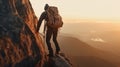 Determined male hiker ascending mountain. Generative AI