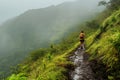 A determined man hikes up a challenging mountain trail despite the heavy rain, A hiker traversing slippery hill slopes during a Royalty Free Stock Photo