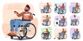 Determined Man In Wheelchair Efficiently Tackles Various Household Chores. Disabled Male Character Shopping