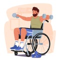 Determined Man In A Wheelchair Engages In Empowering Exercises With Dumbbells. Male Character Showcasing Resilience