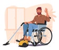 Determined Man In A Wheelchair Skillfully Vacuums The Floor, Character Showcasing His Independence And Ability