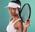 Determined, motivated woman tennis player, athlete and sports person. Portrait of a competitive, healthy and serious