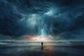 Determined Person standing in front of storm. Generate Ai Royalty Free Stock Photo