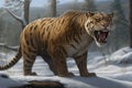 A determined sabertoothed tiger using its strength to survive the harshest of environments.. AI generation