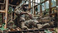 Determined soldier in military attire over prosthetic, captured in intense close up