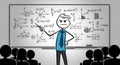 Determined Stickman Teacher Explaining Math Formulas on Whiteboard to Students Black Silhouettes in Education Concept Royalty Free Stock Photo