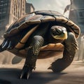 A determined turtle with a shield, leading a group of superhero animals into battle1