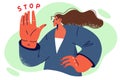 Determined woman making stop gesture with palm outstretched to rejecting harassment from colleagues