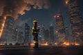 A determined 10-year-old girl stands strong firefighter to save people, generated by Ai