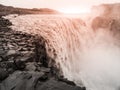Detifoss waterfall illuminated by sunset, northern Iceland Royalty Free Stock Photo